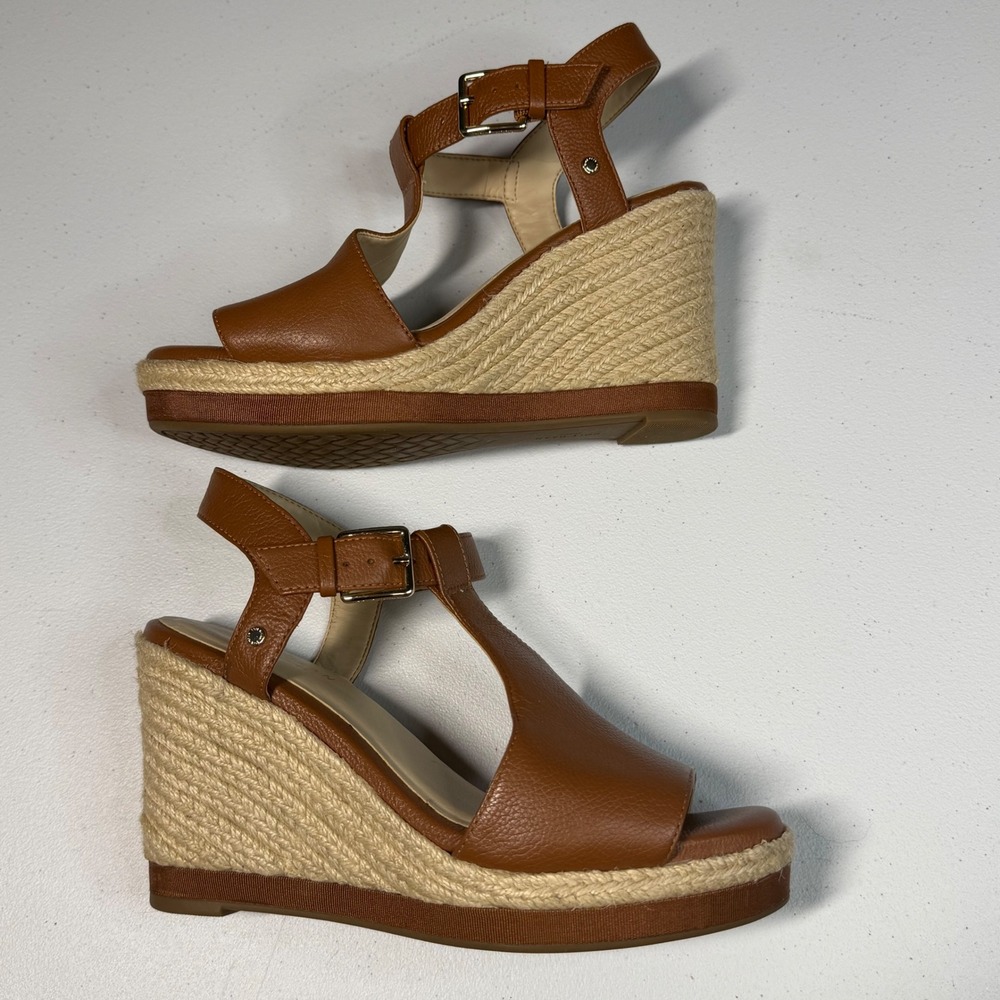Cole Haan T-Strap Wedge Sandals 5.5W Brown Leather Espadrille - Picture 8 of 9